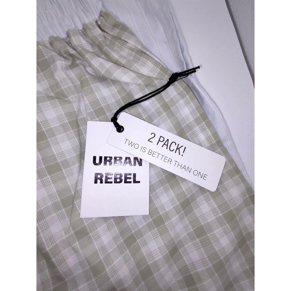 2 Cotton Sleep Shorts Women (M) Pajama Boxer Pockets Green Gingham & Blue Stripe - Picture 5 of 7